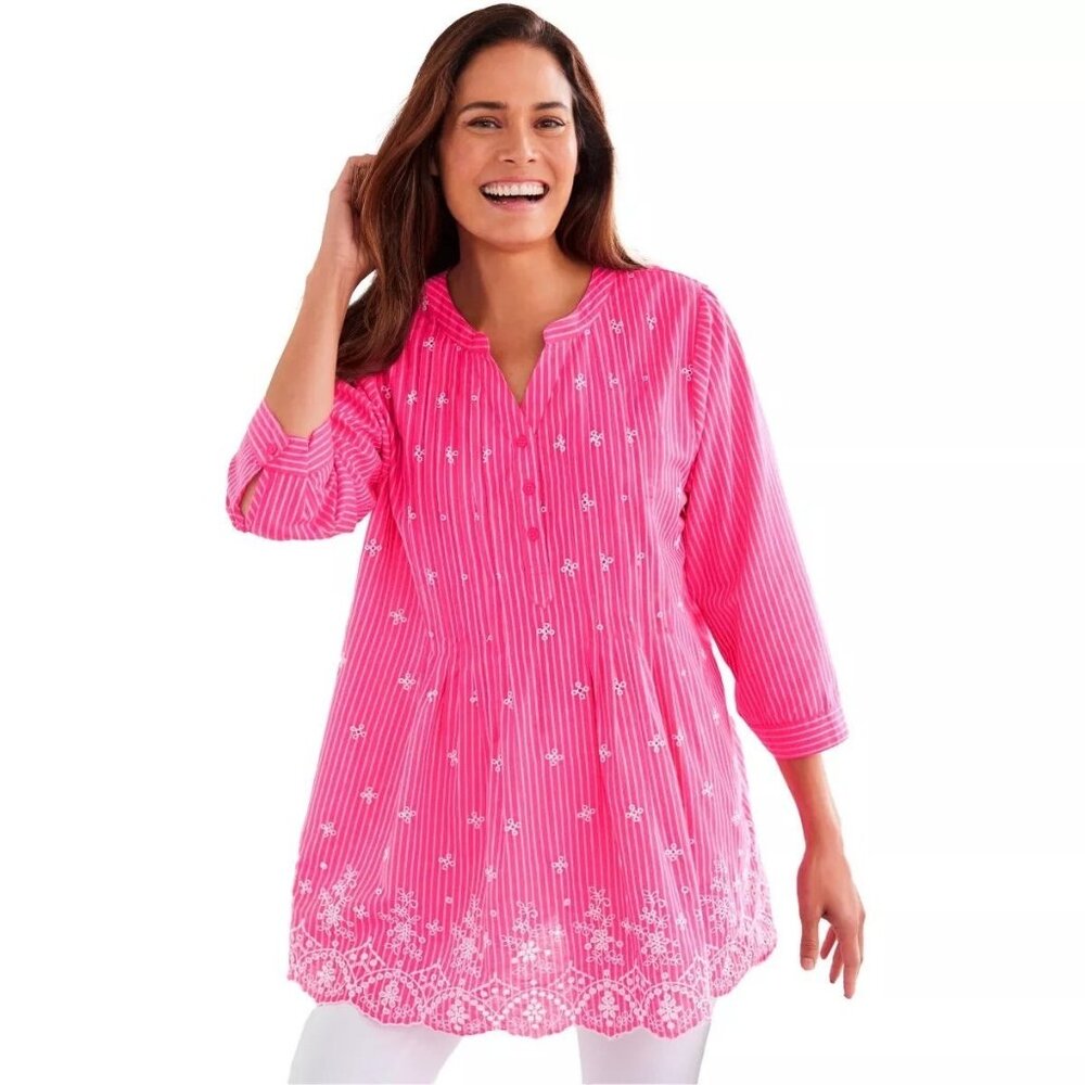 Woman Within Womens Plus 2X Floral Embroidered Pintuck Tunic Top Pink Shirt